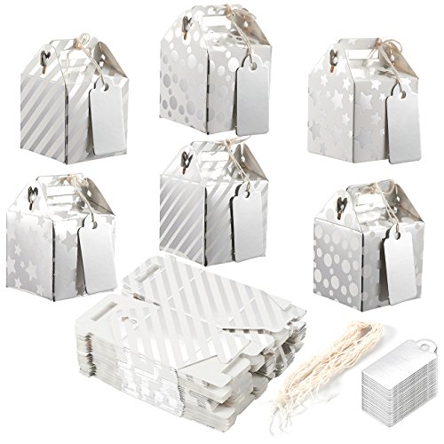 Product Cover Pack of 36 Paper Treat Boxes - Gable Favor Boxes, Fun Party Play Goodie Boxes, 3 Dozen Bright Silver Birthday Party, Shower Loot Gift Boxes, 6 Designs, 2 x 2 x 2 Inches