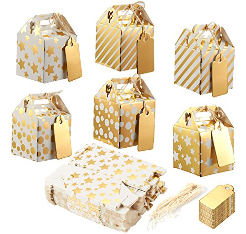 Product Cover Pack of 36 Mini Paper Treat Boxes - Gable Favor Boxes, Fun Party Play Goodie Boxes, 3 Dozen Bright Golden Birthday Party, Shower Loot Gift Boxes, 6 Designs, 2 x 2 x 2 Inches