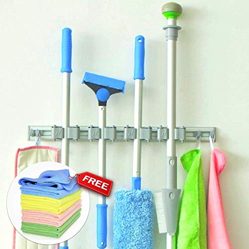 Product Cover BLUE TOADS Broom Holder Wall Mounted with 5 Years gaurantee+Microfiber Cloth | 4 Slots and 4 Hooks-Nothing Slides with Our Broom mop Holder