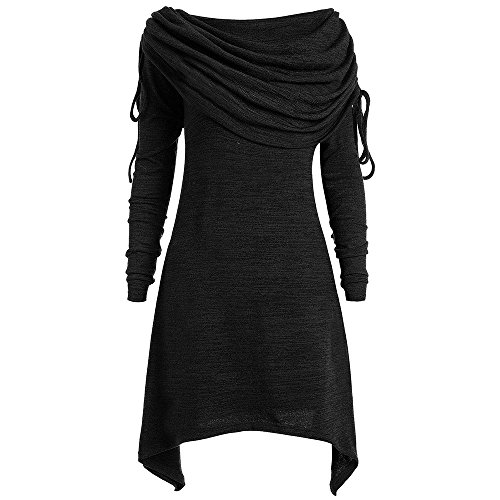 Product Cover DEZZAL Women's Plus Size Long Sleeve Fold-Over Collar Ruched Long Tunic Tops (Black, L)
