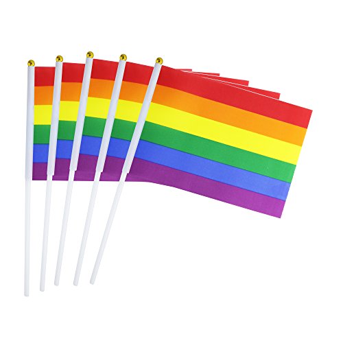 Product Cover 50 Pack Rainbow Pride Flag Small Mini Flag Hand Held Flag Stick Flag USA American Rainbow Flag Pride Flag Bunting for Gay and Girl Flags ，Party Decorations Supplies for Parades,Rainbow Festival