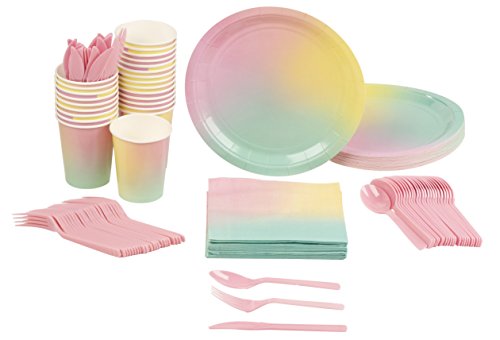 Product Cover Blue Panda Pastel Rainbow Party Pack (Serves 24) Includes Plates, Cups, Napkins and Cutlery