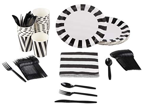 Product Cover Disposable Dinnerware Set - Serves 24 - Black and White Party Supplies, Includes Plastic Knives, Spoons, Forks, Paper Plates, Napkins, Cups for Halloween Party