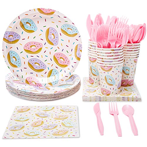 Product Cover Juvale Donut Party Supplies (Serves 24) Knives, Spoons, Forks, Paper Plates, Napkins, Cups