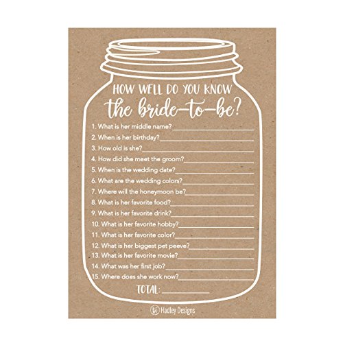 Product Cover 25 Cute Rustic How Well Do You Know The Bride Bridal Wedding Shower or Bachelorette Party Game, Who Knows The Best Does The Groom? Couples Guessing Question Set of Cards Pack Unique Printed Engagement