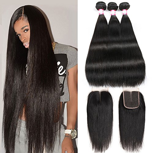 Product Cover CYNOSURE Brazilian Virgin Hair Straight 3 Bundles with Closure 4x4 Middle Part Human Hair Bundles with Closure Natural Black (22 24 26+20 inch closure)