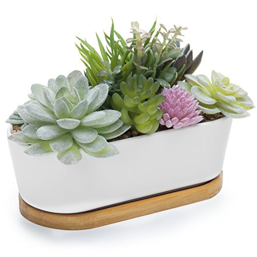 Product Cover MyGift Artificial Succulent Plant Arrangement in Ceramic Trough Planter & Bamboo Tray (Plant 3)