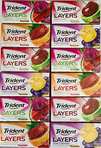Product Cover Trident Layers Sugar Free Gum Variety 3 Packs of Each Flavor Grape/Lemonade Strawberry/Citrus Cherry/Lime and Watermelon/Tropical (Total 12 Packs)