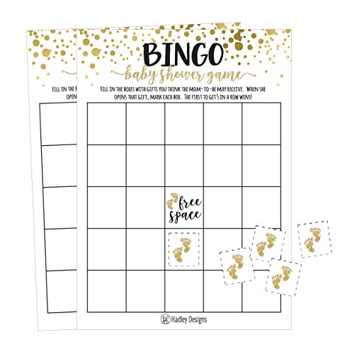 Product Cover 25 Gold Bingo Game Cards For Baby Shower, Bulk Blank Bingo Squares, PLUS 25 Pack of Baby Feet Game Chips, Funny Baby Party Ideas and Supplies For Girl or Boy, Cute Paper Pattern For Kids and Children