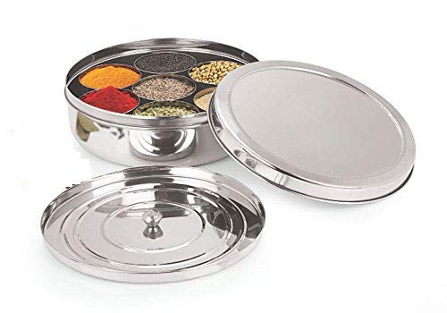 Product Cover Spice Container - Masala Dabba - 7 Compartments, masala box,steel masala dabba,Spice container box,stainless steel spice box indian masala dabba with 7 spice containers with size 8 X 8 inches