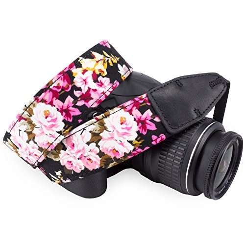 Product Cover Wolven Pattern Cotton Camera Neck Shoulder Strap Belt Compatible for All DSLR/SLR/Men/Women etc, Black Flower