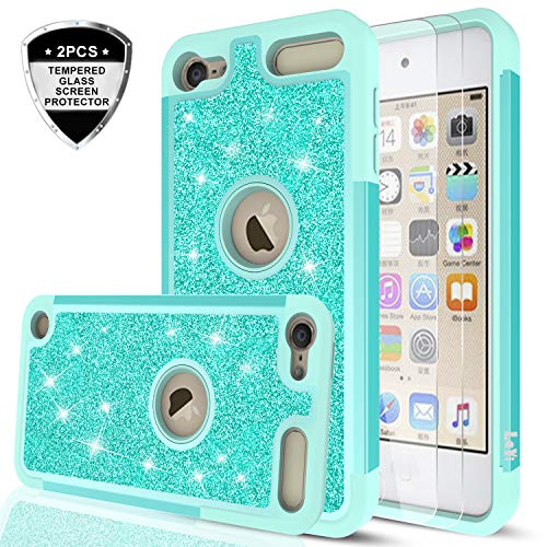 Product Cover iPod Touch 7 Case, iPod Touch 6 Case, iPod Touch 5 Case with Tempered Glass Screen Protector [2 Pack] for Girls Women,LeYi Glitter Heavy Duty Phone Case for iPod Touch 7th/ 6th/ 5th Generation TP Mint