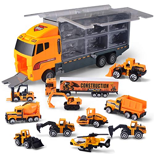 Product Cover JOYIN 11 in 1 Die-cast Construction Truck Vehicle Car Toy Set Play Vehicles in Carrier for Over 3 Years Old Boys