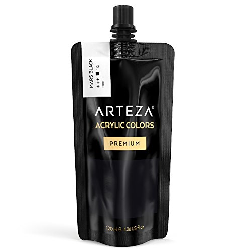 Product Cover ARTEZA Acrylic Paint, Mars Black Color, (120 ml Pouch, Tube), Rich Pigment, Non Fading, Non Toxic, Single Color Paint for Artists, Hobby Painters & Kids