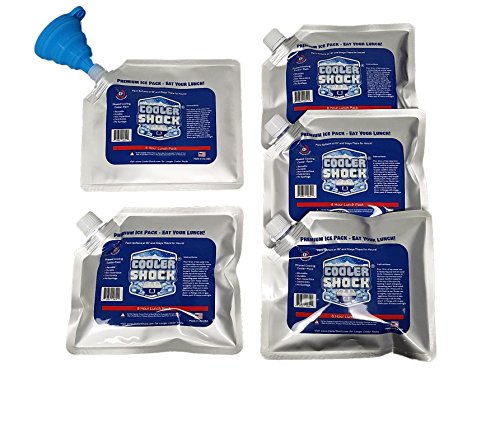 Product Cover Set of 5 Cooler Shock lunch bag size ice packs - high performance 18 degree Fahrenheit using phase change science to achieve 8-10 hour cooling - avoid spoilage so you can eat your lunch! Safe US Made
