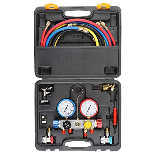 Product Cover 4 Way AC Diagnostic Manifold Gauge Set for Freon Charging and Vacuum Pump Evacuation, Fits R134A R410A and R22 Refrigerants, with 5FT Hose, 3 ACME Tank Adapters, Adjustable Couplers and Can Tap