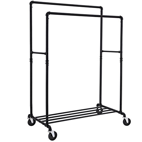 Product Cover SONGMICS Industrial Pipe Clothes Rack Double Rail on Wheels with Commercial Grade Clothing Hanging Rack Organizer for Garment Storage Display, Black UHSR60B