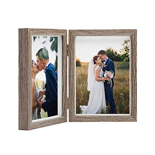 Product Cover Afuly Double Picture Frame 5x7 Vertical Rustic Wooden Hinged Photo Frames 2 Opening for Tabletop Display Wedding Thanksgiving Gifts