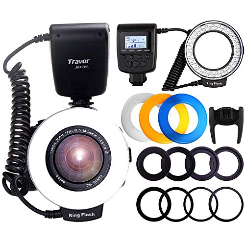 Product Cover Travor 48 Macro LED Ring Flash Light Bundle with LCD Display Power Control 4 Flash Diffusers 8 Adapter Rings Macro Photography Light for Canon Nikon Sony and Other DSLR Cameras