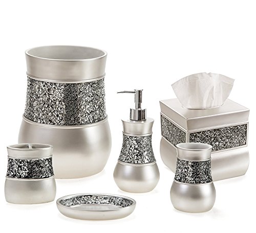 Product Cover Creative Scents Bathroom Accessories Set, Decorative 6 Piece Bath Accessories Set Features Soap Dispenser, Toothbrush Holder, Tumbler, Soap Dish, Square Tissue Cover & Trash Can (Silver Colored)