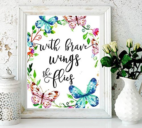 Product Cover Nursery Decor with Brave Wings She Flies Butterfly Wall Quotes Tropical Print Quote Print Watercolor Nursery Art Holiday Supplies Colorful Wall Art-Kids Room Decor Butterfly Print