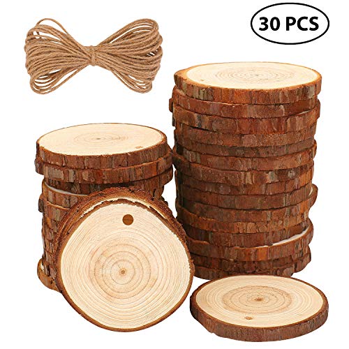 Product Cover Fuyit Natural Wood Slices 30 Pcs 2.4-2.8 Inches Craft Wood kit Unfinished Predrilled with Hole Wooden Circles Great for Arts and Crafts Christmas Ornaments DIY Crafts