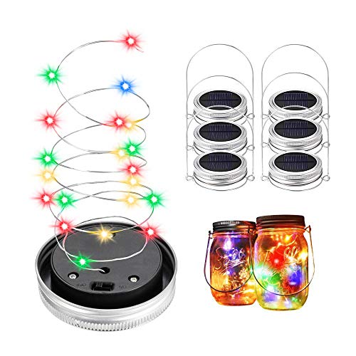 Product Cover Solar Mason Jar Lights, BizoeRade Dual Row Solar Powered 20 LED Fairy Firefly String Lights(6 Lid Lights and 6 Hangers Included),Fit Regular Mouth Mason Jars for Outdoor Decoration -Multicolor