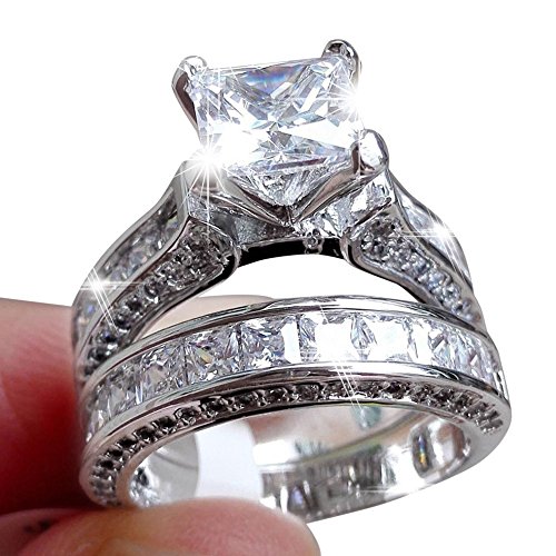 Product Cover WensLTD 2-in-1 Womens Vintage White Diamond Silver Engagement Wedding Band Ring Set