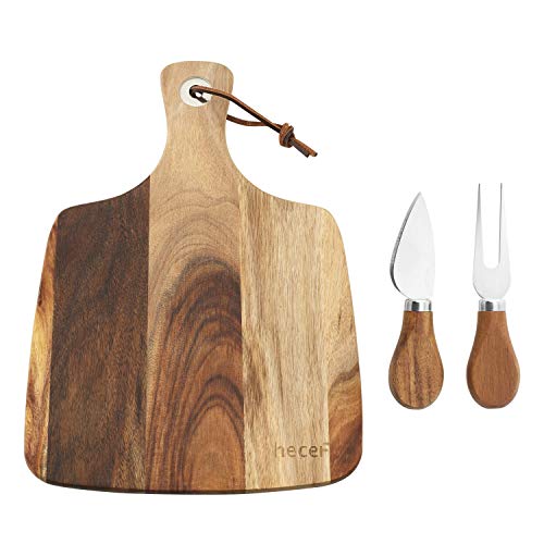 Product Cover Hecef Cheese Board Set of 3, an Acacia Wood Cheese Board & a Cheese Knife & a Cheese Fork, Perfect Cheese Serving Board (Cheese board with 2 knives)
