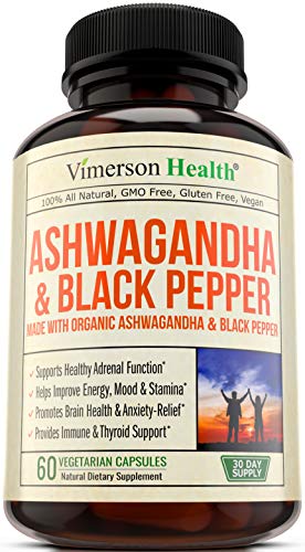 Product Cover Ashwagandha with Black Pepper 1300 milligrams Supplement Made with Organic Root Powder Extract. Relief from Occasional Anxiety and Stress. Adrenal and Thyroid Health, Energy, Brain and Immune Health.