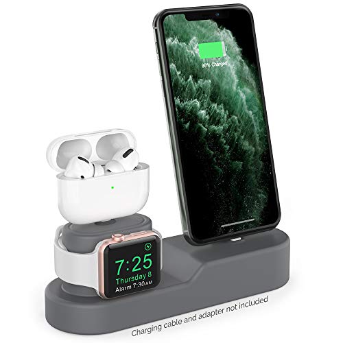 Product Cover AhaStyle 3 in 1 Charging Stand Dock Silicone Compatible with Apple Watch, AirPods Pro/AirPods/AirPods 2 and All iPhone Models [Original Cables Required-NOT Included] (Dark Grey)