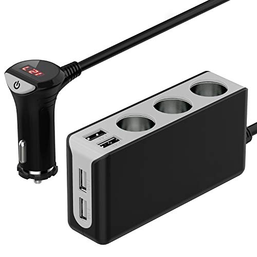 Product Cover [Updated Version] 3-Socket Cigarette Lighter Splitter, 120W 12V/24V 6.8A 4 USB Ports Multi-Function Car Charger Power Adapter DC Outlet with LED Voltmeter, On Off Switch