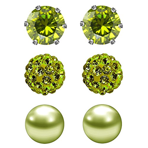 Product Cover JewelrieShop Olive Green Studs Earrings for Women CZ Rhinestones Crystal Ball Fake Pearl Stainless Steel Party Stud August Birthstone Earring Set for Girl (3 pairs,6mm Round,Aug)
