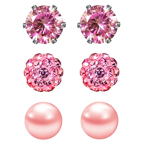 Product Cover JewelrieShop Pink Studs Earrings for Women CZ Rhinestones Crystal Ball Fake Pearl Stainless Steel Party Stud October Birthstone Earring Set for Girl (3 pairs,6mm Round,Oct)