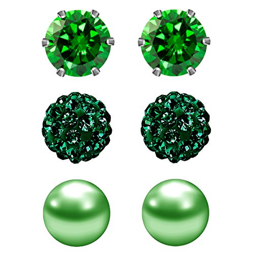 Product Cover JewelrieShop Cubic Zirconia Rhinestones Crystal Ball Faux Pearl Birthstone Stud Earrings for Women Girls - Hypoallergenic Stainless Steel Earrings - 3 Pairs - Green (May.)