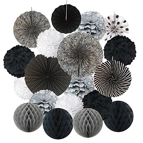 Product Cover Hanging Paper Fan Set, Cocodeko Tissue Paper Pom Poms Flower Fan and Honeycomb Balls for Birthday Baby Shower Wedding Festival Decorations - Black