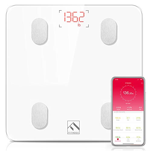 Product Cover FITINDEX Bluetooth Body Fat Scale, Smart Wireless BMI Bathroom Weight Scale Body Composition Monitor Health Analyzer with Smartphone App for Body Weight, Fat, Water, BMI, BMR, Muscle Mass - White