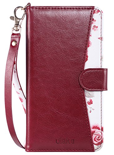 Product Cover ULAK iPhone 8 Plus Case, iPhone 7 Plus Wallet Case,Floral PU Leather Wallet Case with Kickstand Card Holder ID Slot and Hand Strap Shockproof Rubber Cover for iPhone 7 Plus/8 Plus,Burgundy