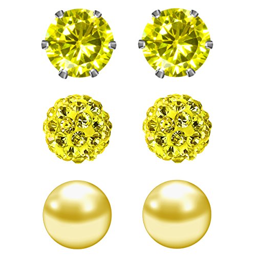 Product Cover JewelrieShop Yellow Studs Earrings for Women CZ Rhinestones Crystal Ball Fake Pearl Stainless Steel Party Stud November Birthstone Earring Set for Girl (3 pairs,6mm Round,Nov)