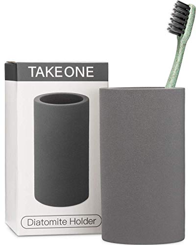 Product Cover TAKEONE. Bathroom Toothbrush Holder Modern Gray Stand - Handmade Natural Organic Shower Sanitary Storage Cup - Grey Ceramic Diatomite Counter Vanity Accessories Organizer.