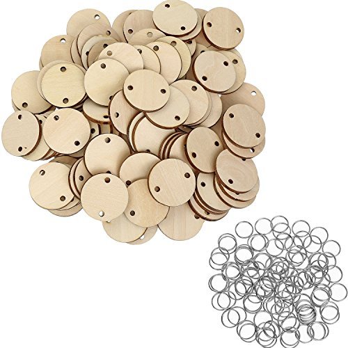 Product Cover Bememo 100 Pieces Round Wooden Discs with Holes Birthday Board Tags and 100 Pieces 15 mm Rings for Arts and Crafts