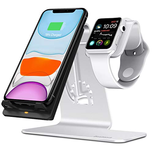 Product Cover Bestand Qi Wireless Charger, 2 in 1 Cell phone Charging Stand & Watch Station Compatible with iWatch/iPhoneX/XS/XS Max/XR/8/8 plus/Samsung Galaxy S10/S9/S9+, Silver