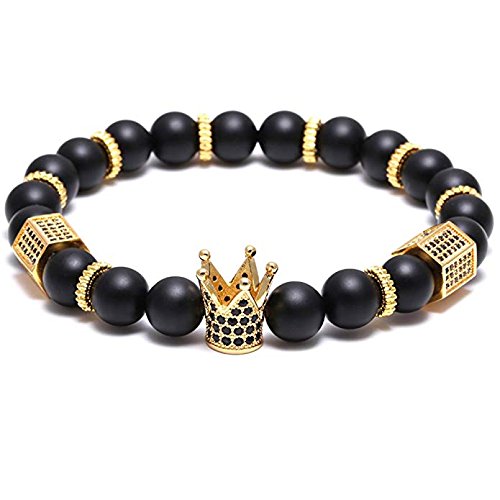 Product Cover SEVENSTONE 8mm Crown King Charm Bracelet for Men Women Black Matte Onyx Stone Beads, 7.5