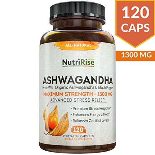 Product Cover Ashwagandha 1300mg Made with Organic Ashwagandha Root Powder & Black Pepper Extract - 120 Capsules. 100% Pure Ashwagandha Supplement for Stress Relief, Anti-Anxiety & Adrenal, Mood & Thyroid Support