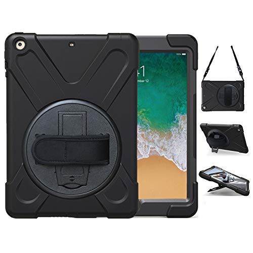 Product Cover iPad 9.7 2018 2017 Case,TSQ iPad 6th 5th Generation Case Cover for Kids, Carrying Defender Rugged Protective Case with 360 Stand, Handle Hand Strap& Shoulder Strap,Model A1893/A1954/A1822/A1823 Black
