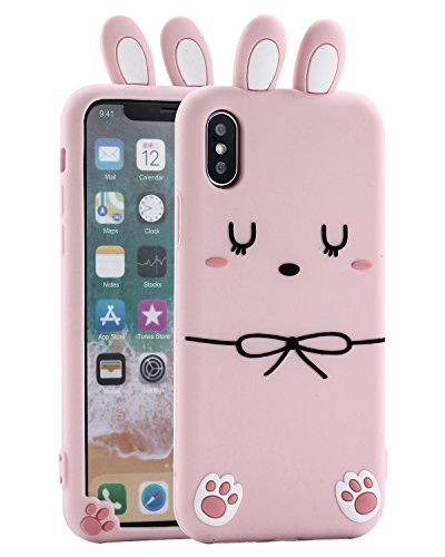 Product Cover iPhone X Bunny Case, Miniko(TM) Cute Kawaii Funny Rabbit Ears Bowknot 3D Cartoon Animals TPU Soft Silicone Gel Phone Case Cover for iPhone X (2017) Teen Girls Women, Pink