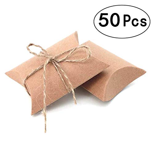Product Cover Vintage Kraft Paper Pillow Candy Box Thank You Treat Box Kit Rustic Gift Boxes with Twine for Wedding Favors Baby Shower Birthday Party Supplies, 50pc