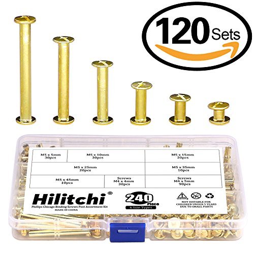Product Cover Hilitchi 120-Sets M5 x 5 / 10 / 15 / 25 / 35 / 45 Brass Plated Phillips Chicago Screw Posts Binding Screws Assortment Kit for Scrapbook Photo Albums Binding, Leather Repair - Gold