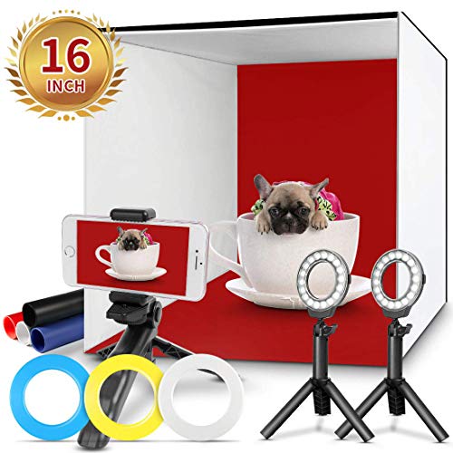 Product Cover Photo Studio Box, FOSITAN 16x16 inch Table Top Photo Light Box Continuous Lighting Kit with 3 Tripods, 2 LED Ring Lights, 4 Color Backdrops & a Cell Phone Holder for Photography