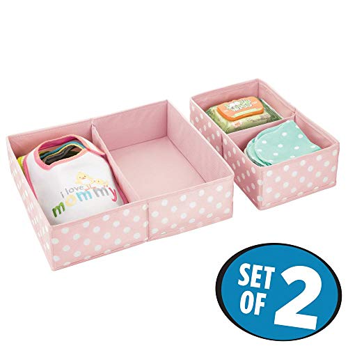 Product Cover mDesign Soft Fabric Dresser Drawer and Closet Storage Organizer for Child/Kids Room, Nursery - Divided 2 Compartment Organizer - Fun Polka Dot Print - Set of 2, Light Pink with White Dots